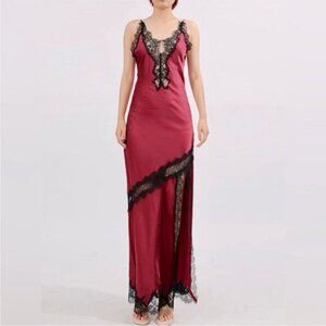Lace-Trim Satin Slip Maxi Dress in Burgundy